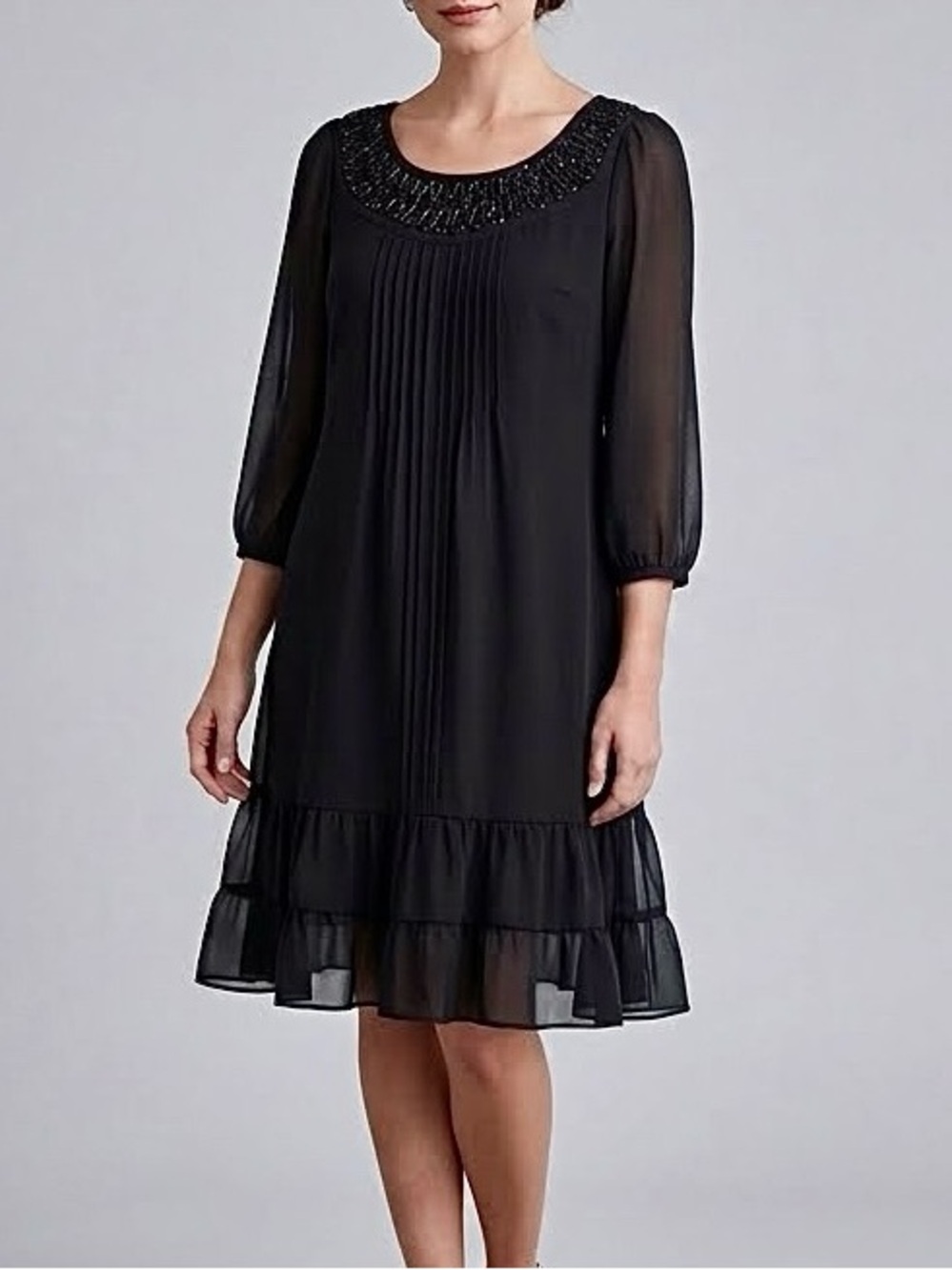 Womens Black Tiered Flowy Chiffon Dress Semi-Sheer Lined Beaded Neckline Size 12
